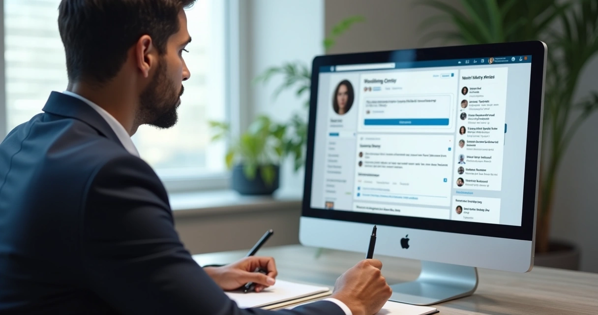 Profissional revisando perfil em tela de computador 