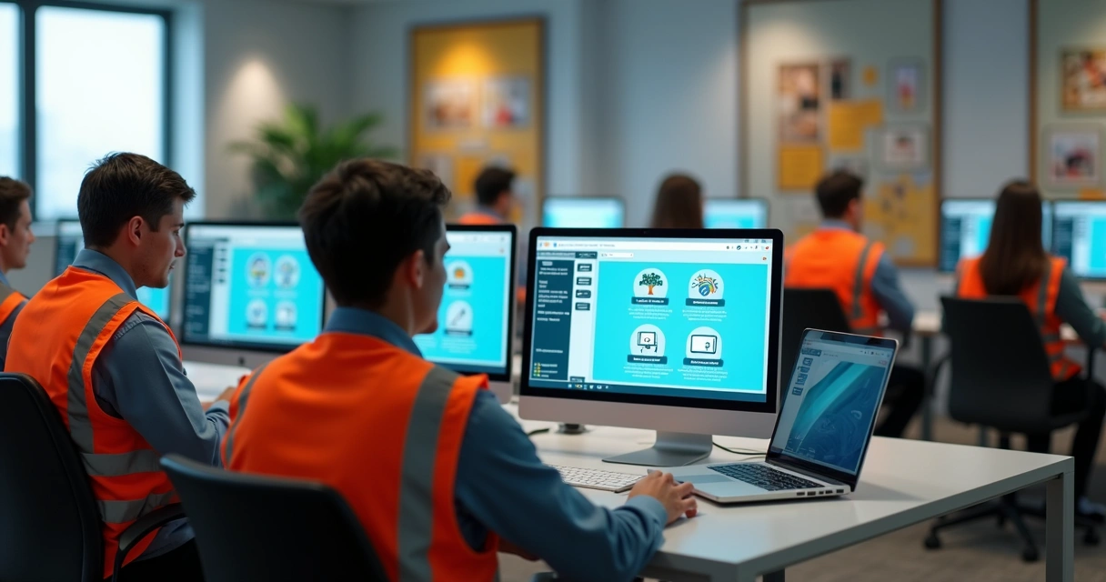 Equipe de empresa revisando conteúdo de segurança do trabalho em computadores 