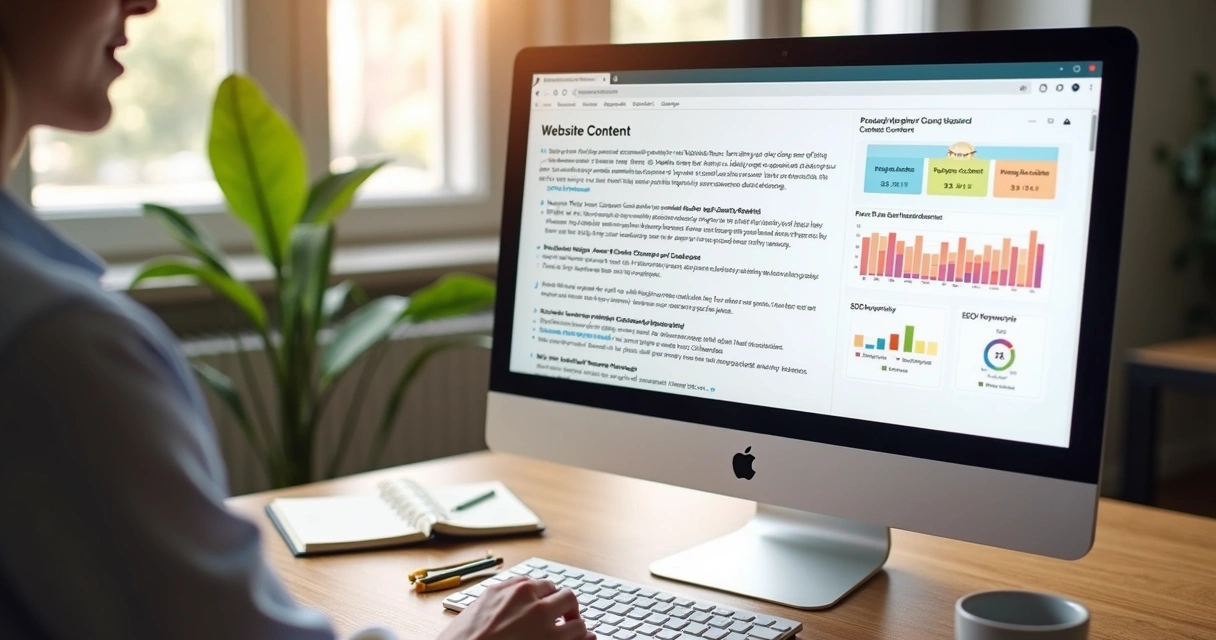 Pessoa analisando textos em monitor, gráficos de qualidade de conteúdos visíveis 