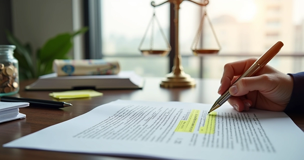 Mão destacando cláusula em contrato bancário com símbolo de justiça ao fundo 