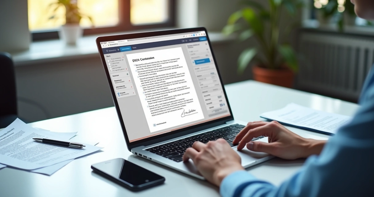 Tela com contrato digital e checklist de revisão