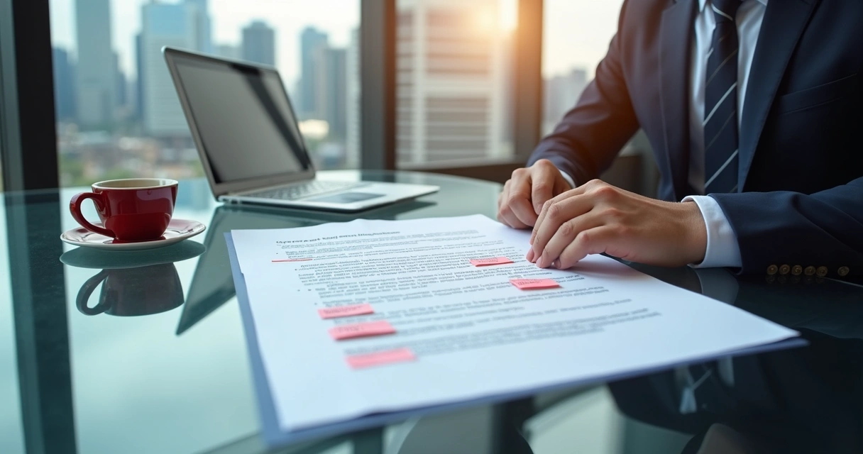 Advogado revisando contrato com marcações e sinais de alerta na página 