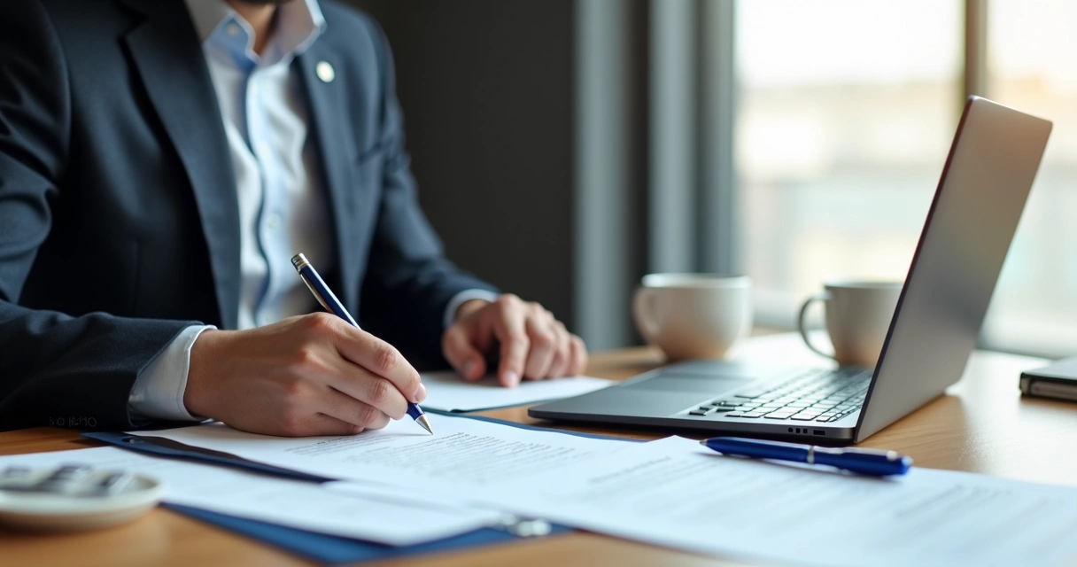 Pessoa revisando contrato de franquia com lápis e caneta na mesa 