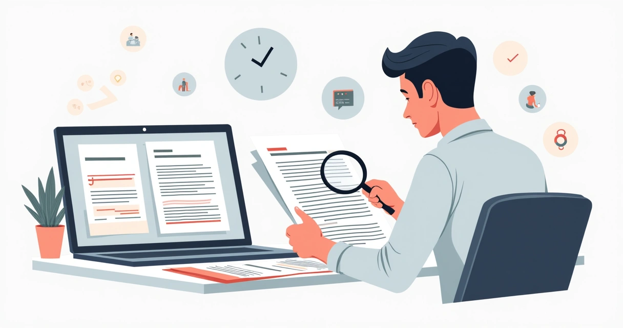 Pessoa analisando minuciosamente um contrato de seguro com uma lupa 