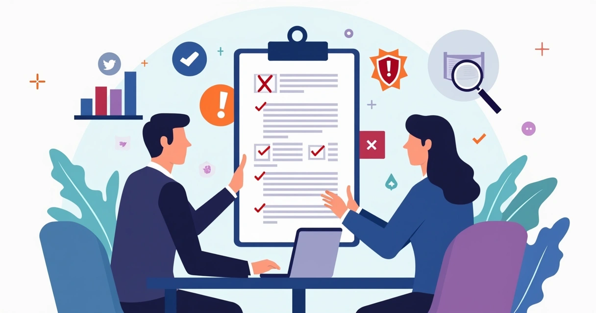 Gestores revisando contrato de parceria digital com ícones de redes sociais e alertas de risco 