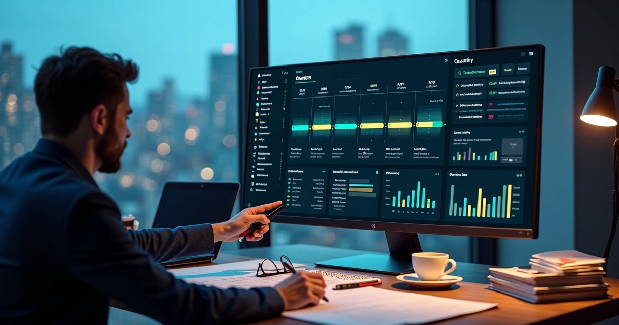 Profissional analisando contratos SaaS em tela com cronograma trimestral e gráficos 