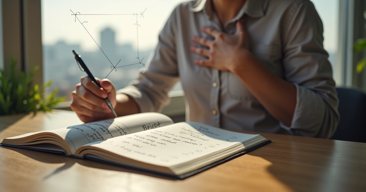 Pessoa refletindo diante de anotações revisando crenças limitantes 