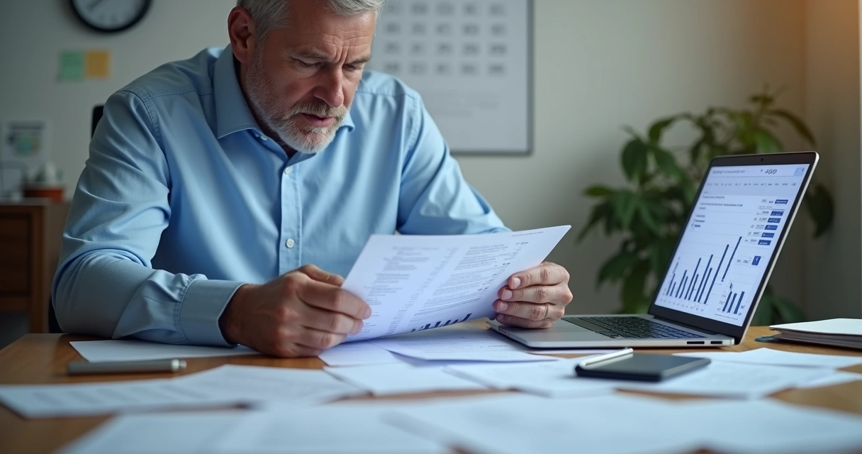 Homem analisando folhas com dados e computador sobre uma mesa 
