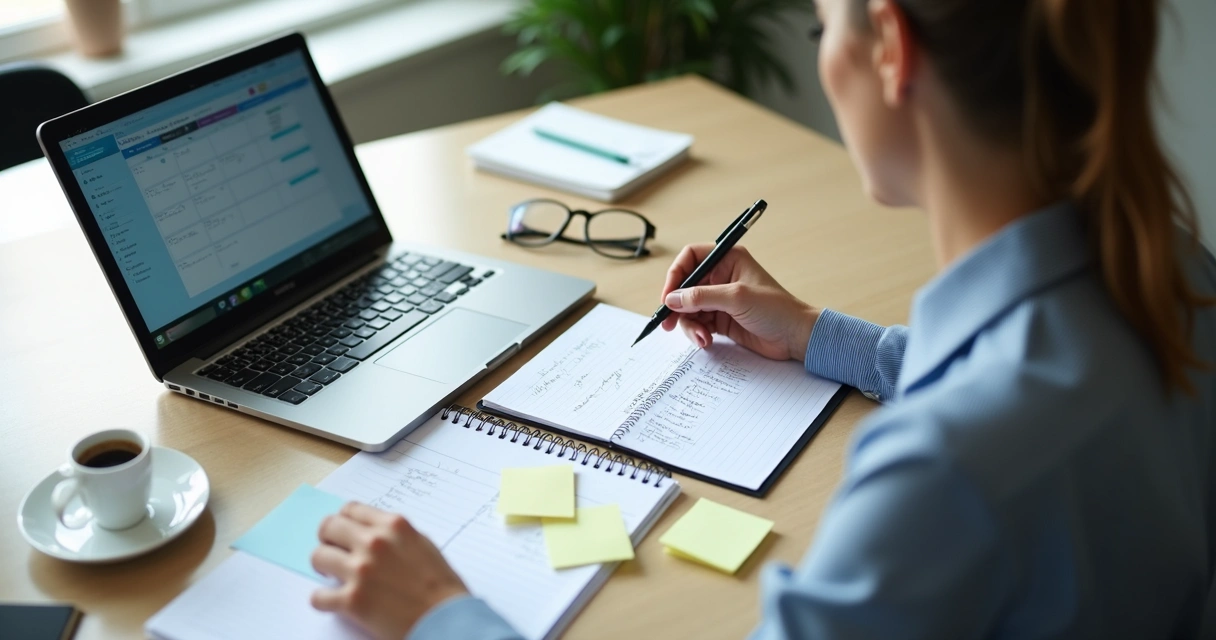 Pessoa revisando metas e trajetória profissional em mesa de trabalho 