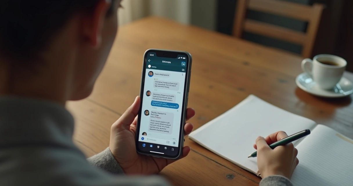 Pessoa revisando mensagens em celular e bloco de notas 