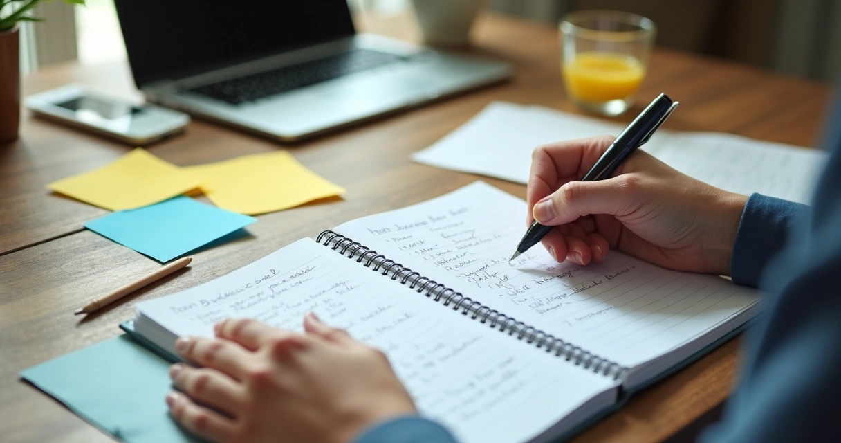 Pessoa revisando metas em um caderno com post-its na mesa 