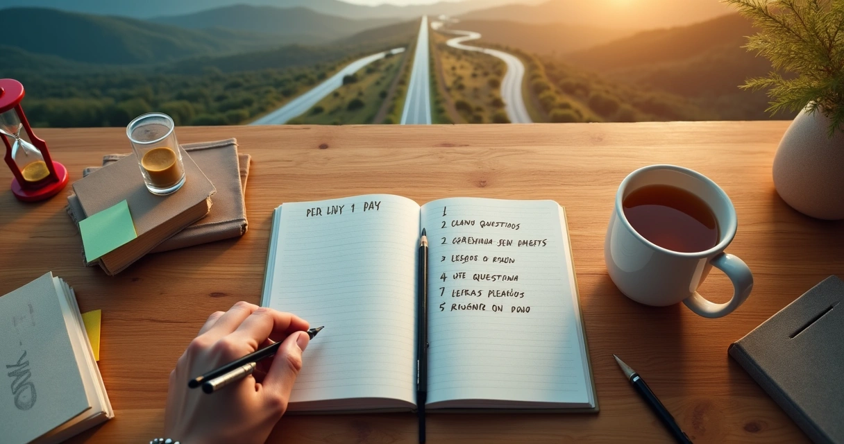 Mão escrevendo em caderno com doze perguntas circuladas ao lado de estrada vista de cima 