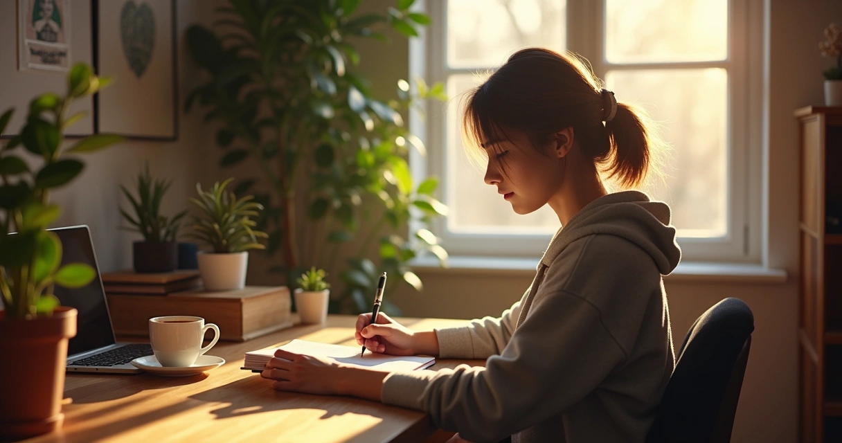 Pessoa relendo anotações no diário em ambiente tranquilo 