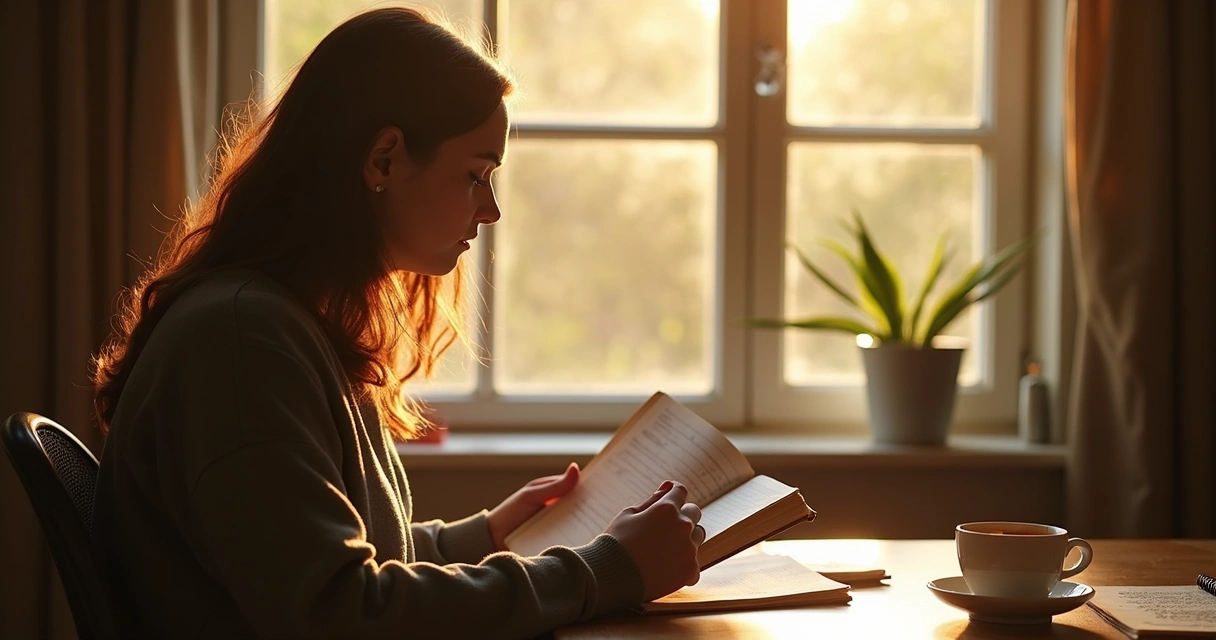 Pessoa relendo anotações em diário e refletindo em ambiente iluminado pela manhã. 