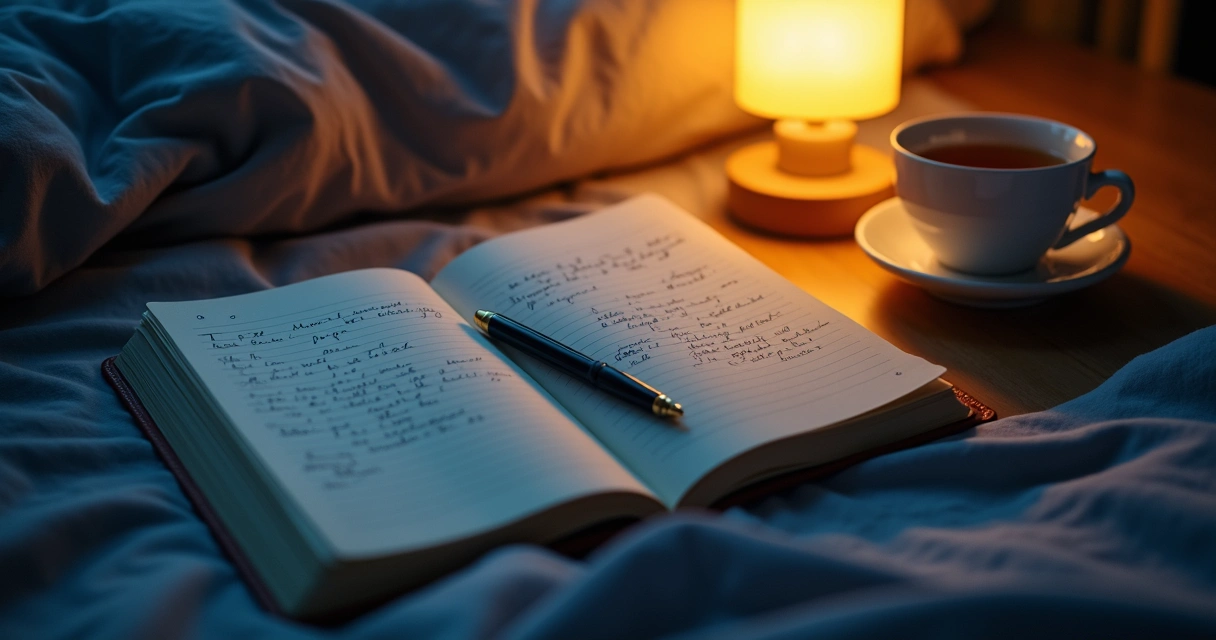 Caderno aberto com reflexão noturna e luz suave 