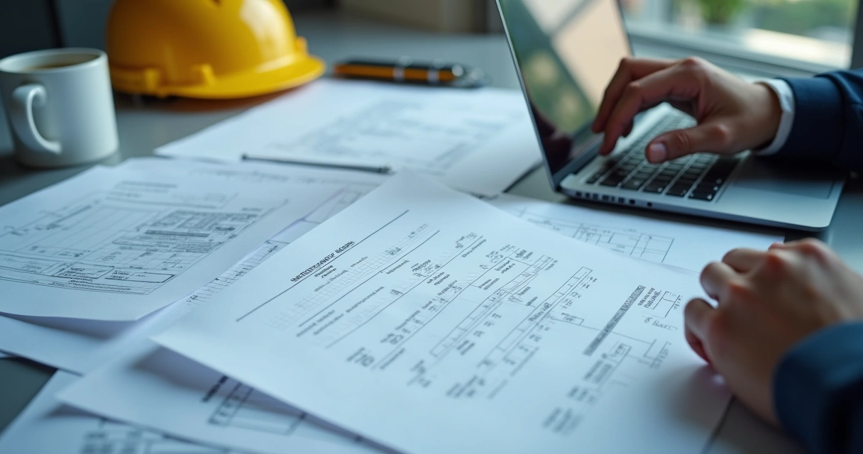 Profissional revisando documentos técnicos e dados da obra 