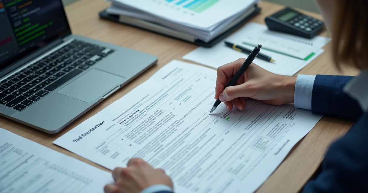 Profissional revisando documentos tributários com checklist digital 