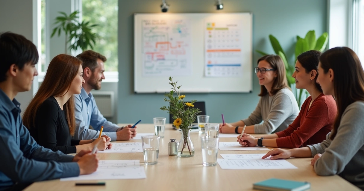 Equipe reunida revisando emoções e acordos 