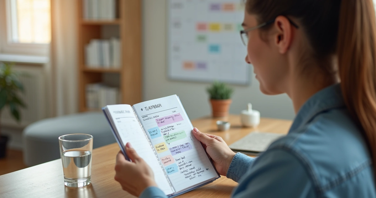 Pessoa revisando agenda com foco em equilíbrio entre vida pessoal e relações 