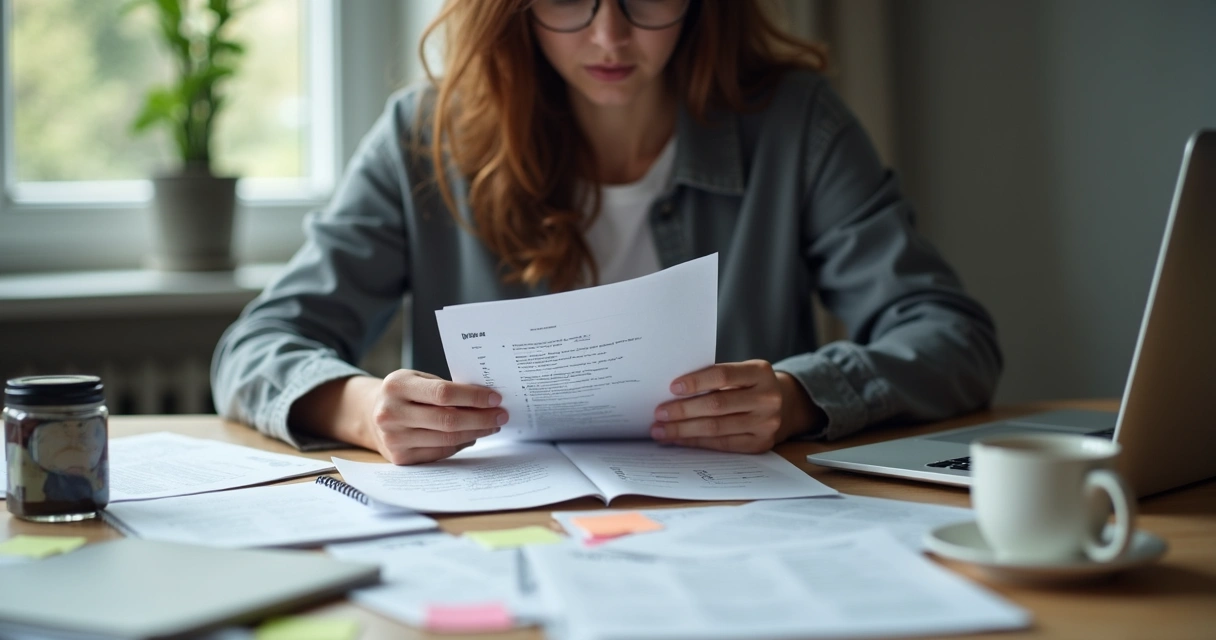 Pessoa revisando anotações com expressão tensa em mesa de trabalho 