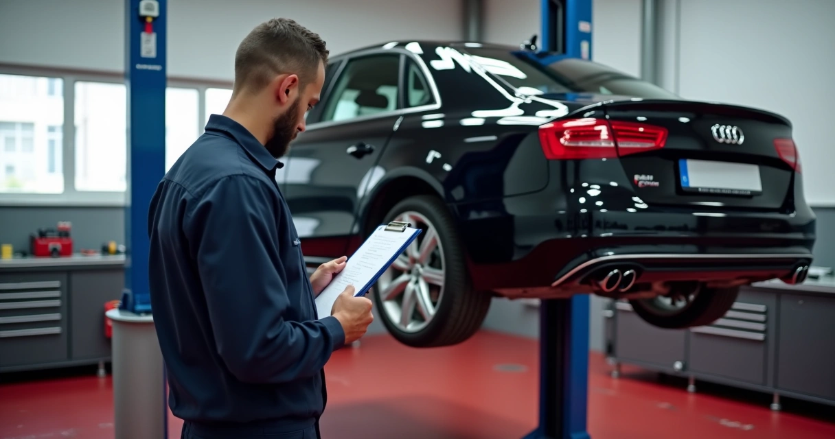 Mecânico conferindo carro na revisão final 