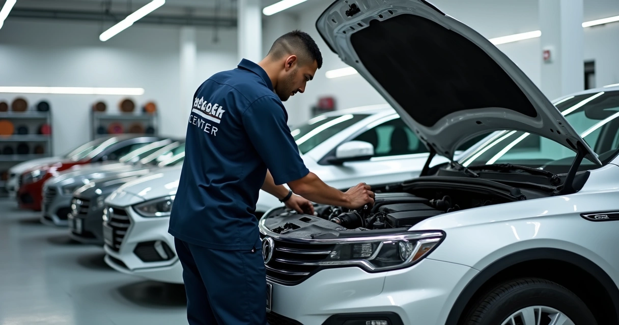 Mecânico realizando revisão final detalhada em carro moderno dentro de oficina mecânica em Belo Horizonte 