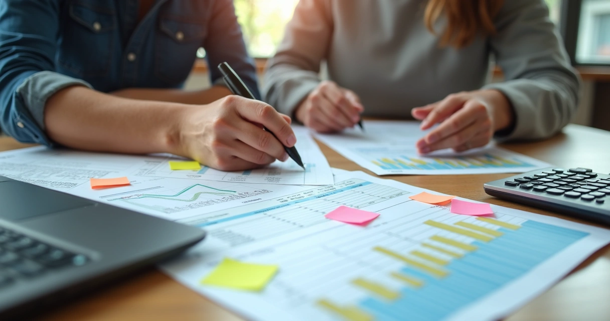 Duas pessoas revisando planilha financeira impressa com anotações coloridas 