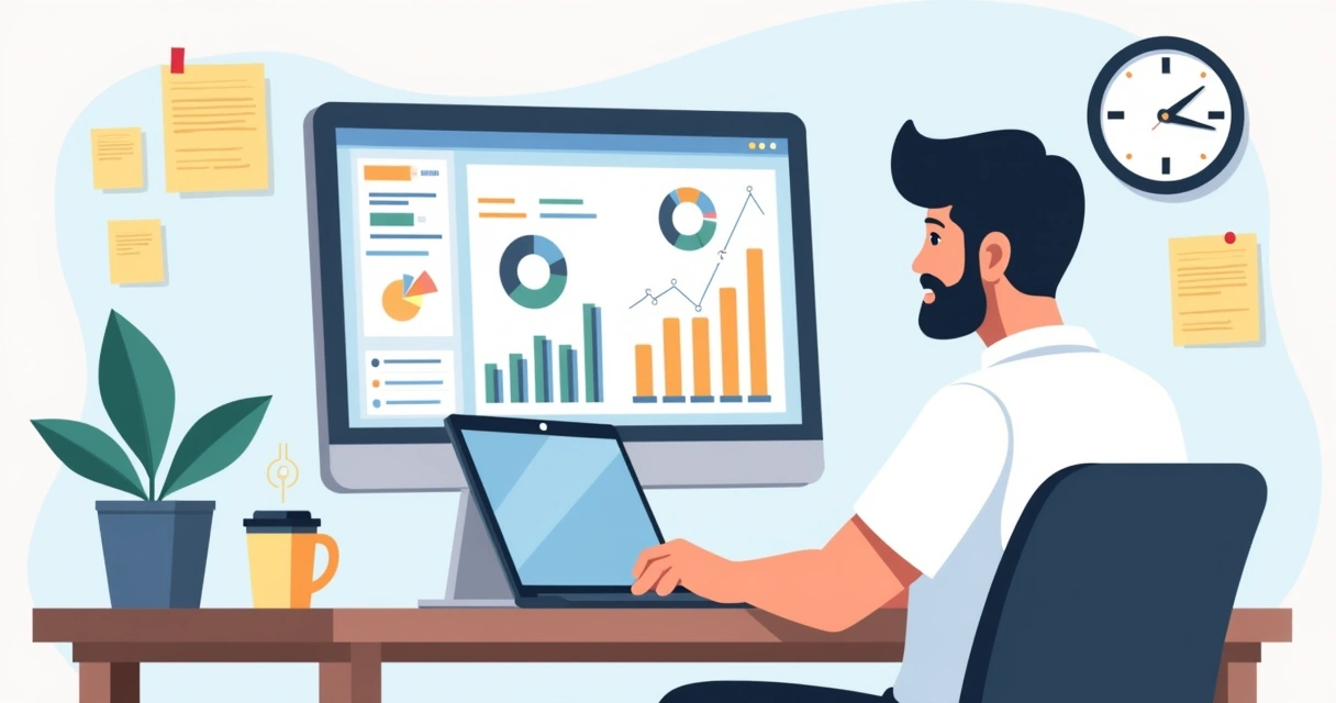 Pessoa revisando painel de controle financeiro no Notion, ajustando gráficos e relatórios 