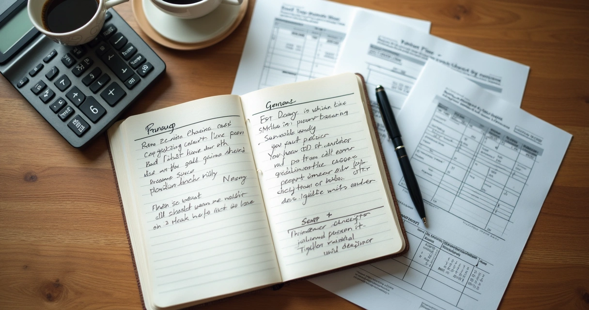 Caderno financeiro com calculadora e anotações à mesa