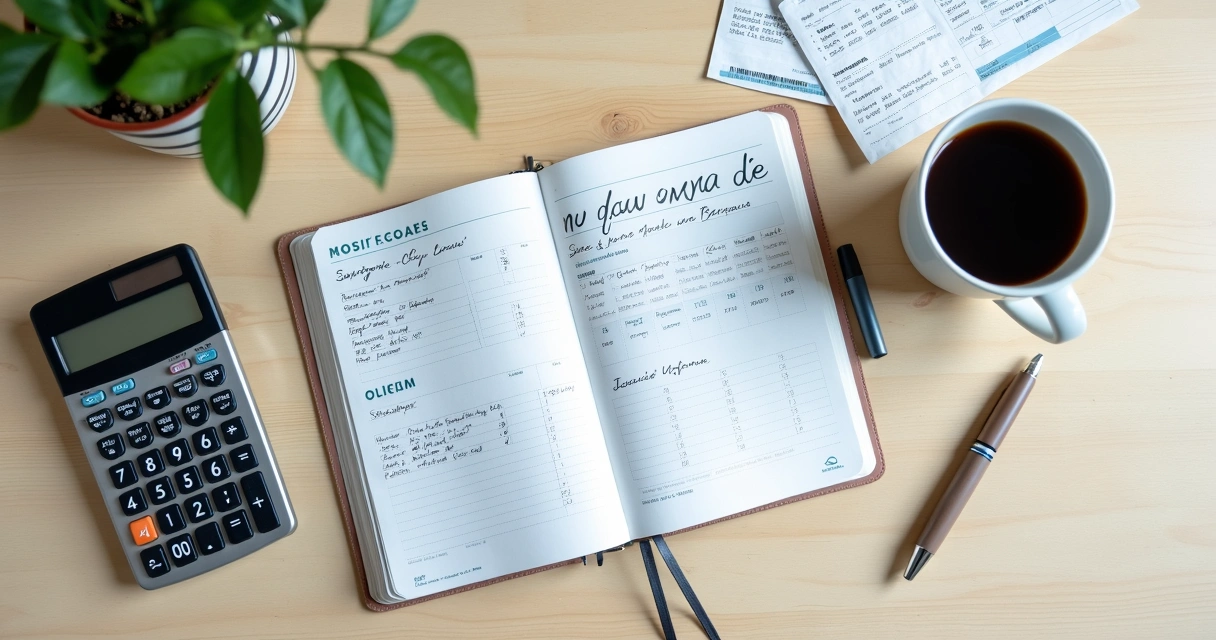 Caderno com orçamento mensal, calculadora e café sobre mesa clara 
