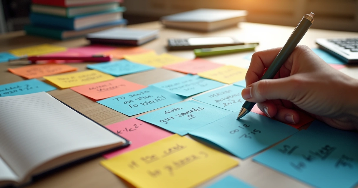 Flashcards coloridos com perguntas de matemática e fórmulas. 