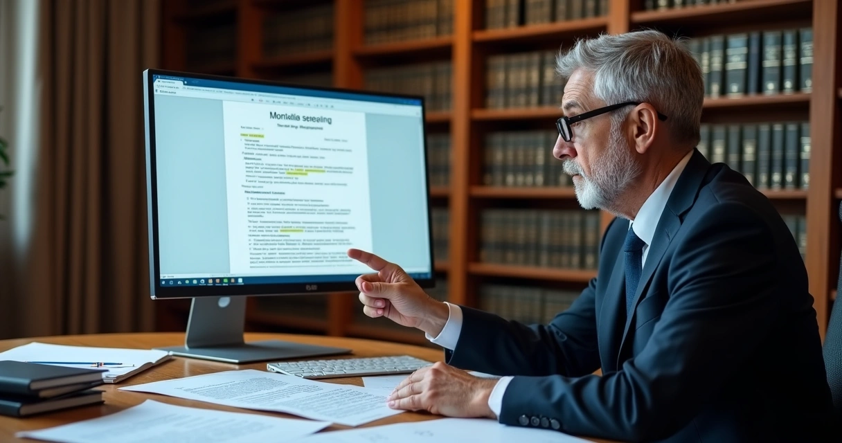 Advogado revisando documento jurídico em tela de computador 