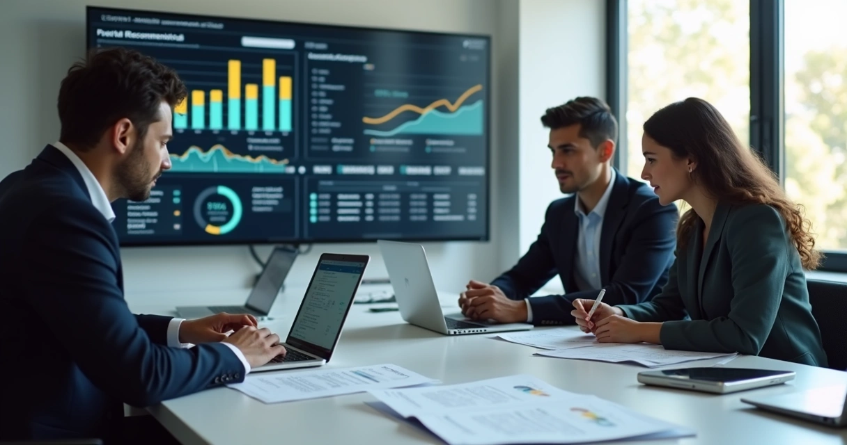 Profissionais revisando respostas de IA em ambiente corporativo 