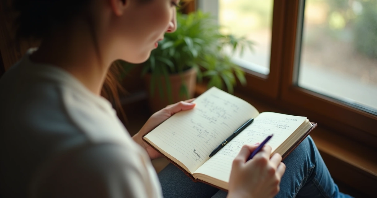 Pessoa relendo diário sentada perto da janela com luz suave 
