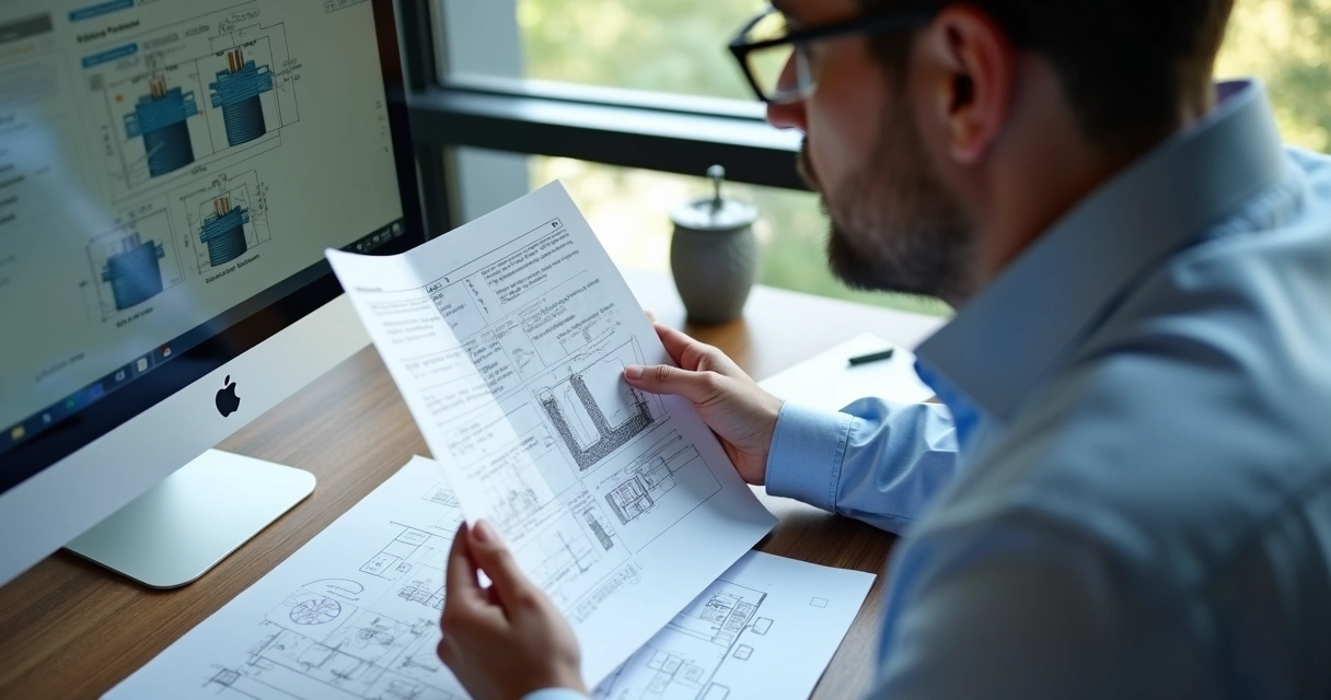 Profissional revisando laudo técnico de engenharia 