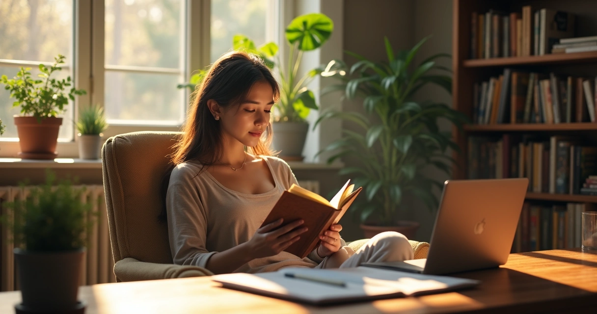 Pessoa lendo livro em ambiente tranquilo após provas