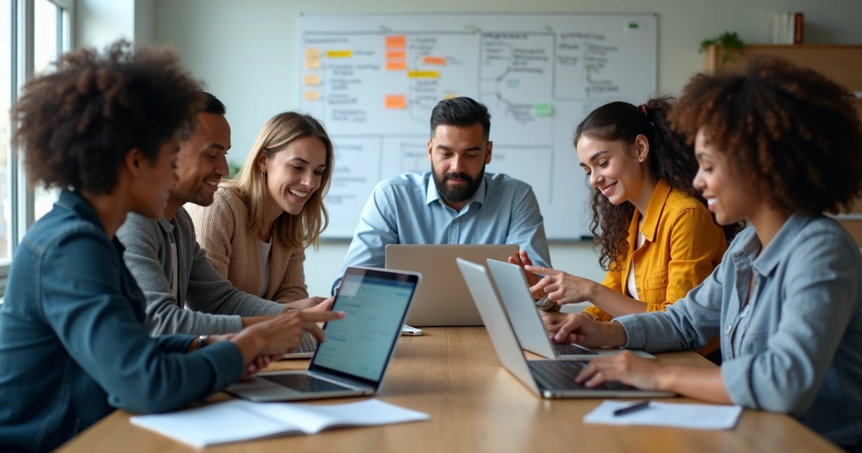 Equipe revisando lista de contatos em ambiente descontraído 