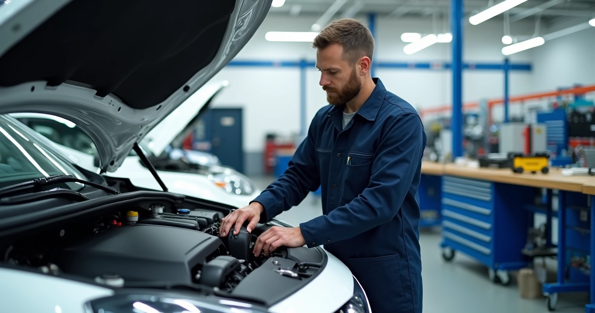 Mecânico checando o motor do carro em oficina iluminada 