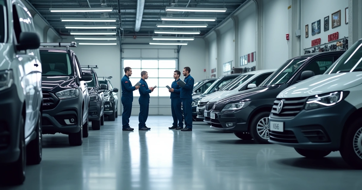 Equipe revisando carros de frota em oficina moderna 