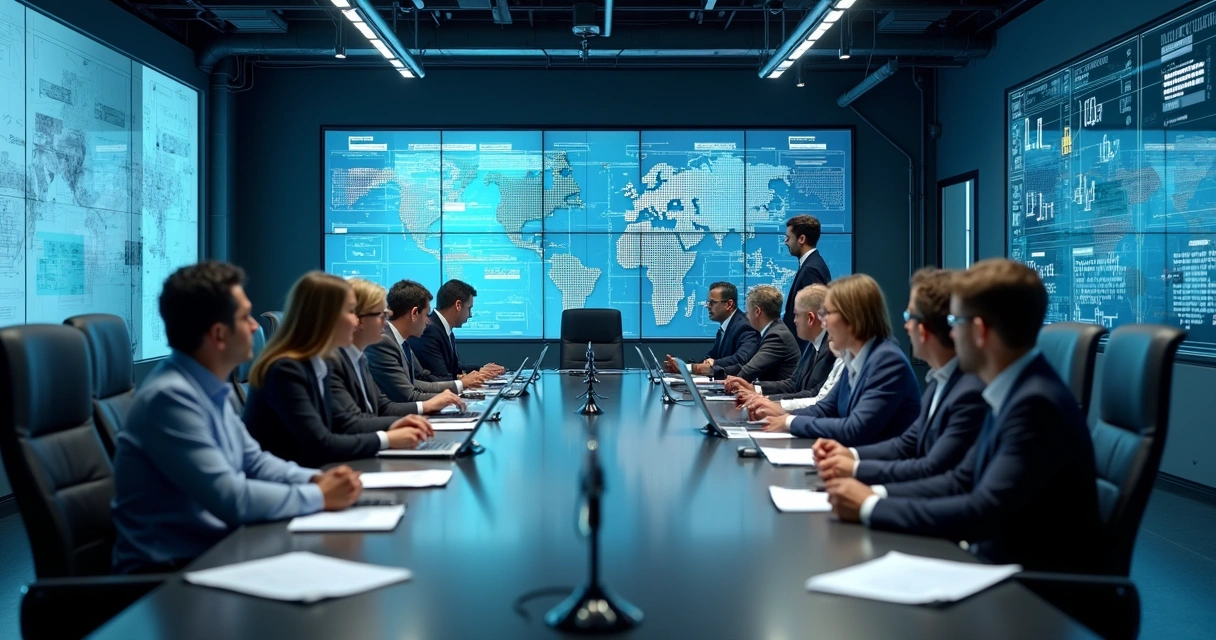 Revisão de matriz de risco em ambiente industrial com papéis, gráficos e equipe avaliando dados 