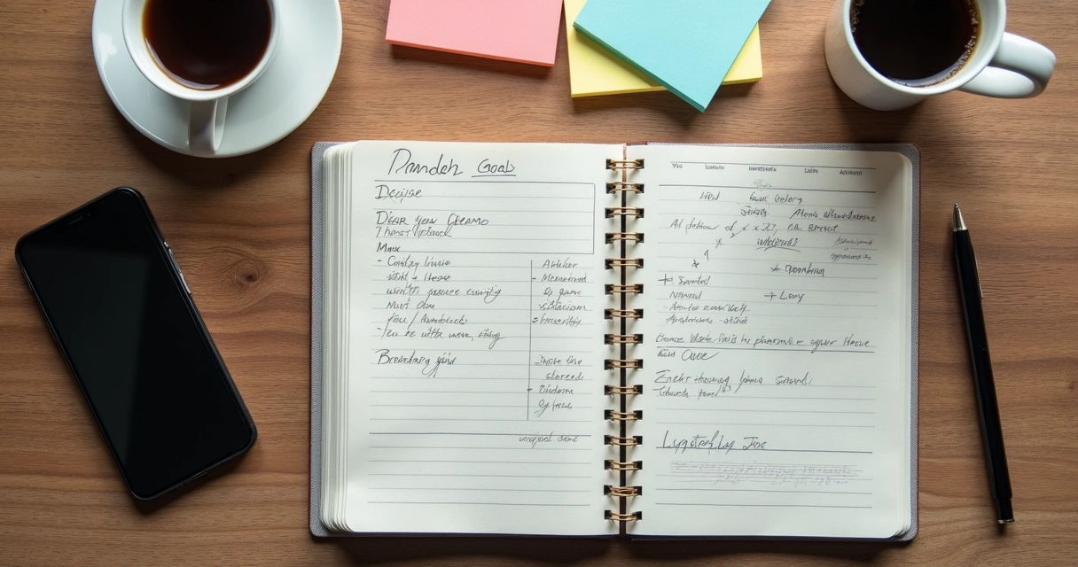 Caderno com metas, calendário e anotações de revisão 