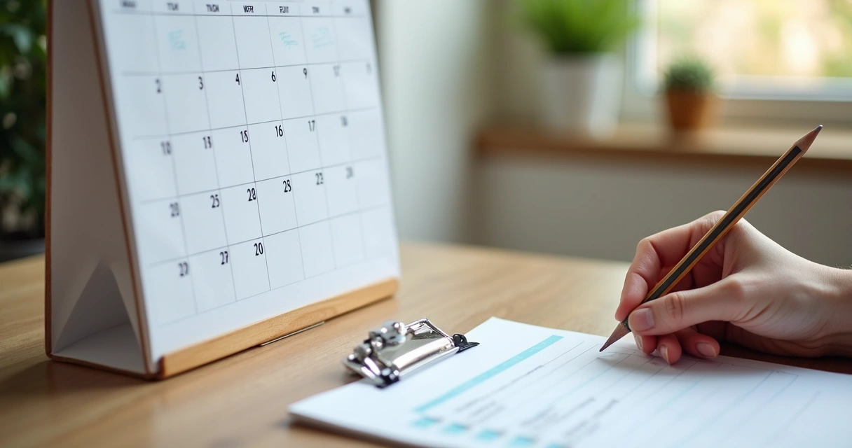 Calendário mensal com marcações e revisão de metas 