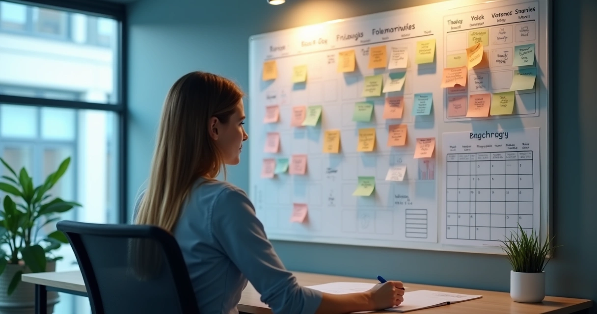 Profissional revisando metas em quadro com post-its 