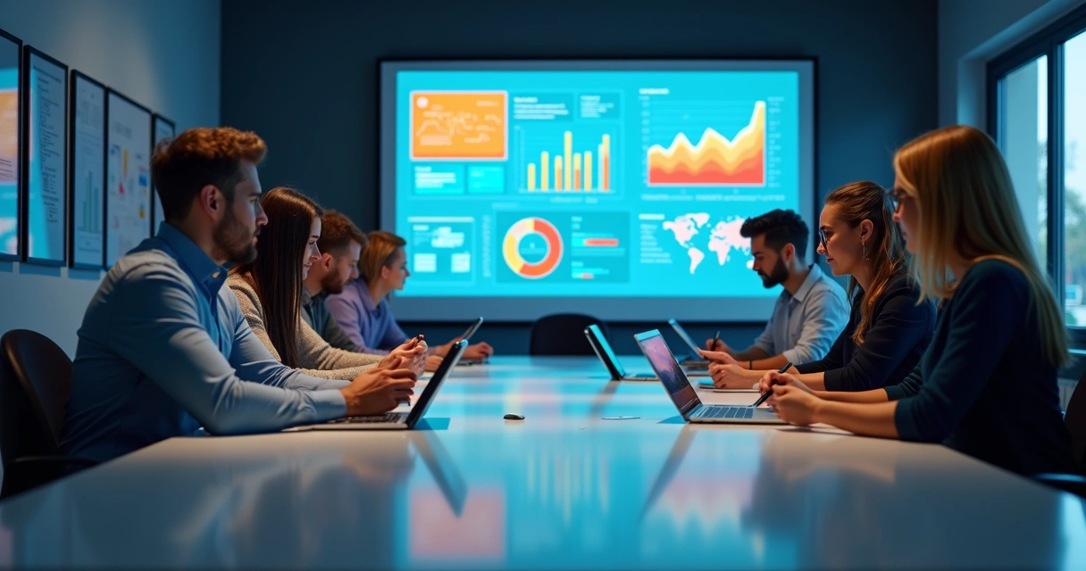 Equipe de vendas reunida revisando metas em gráficos digitais 