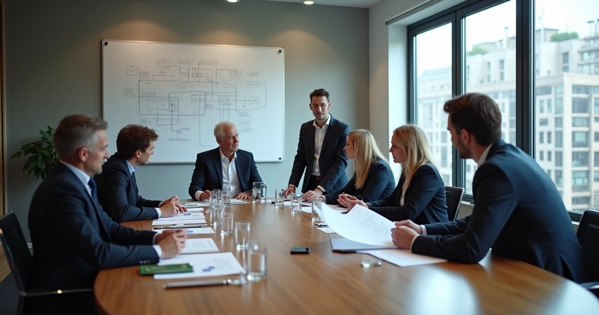 Equipe multidisciplinar revisando laudo em sala de reunião 