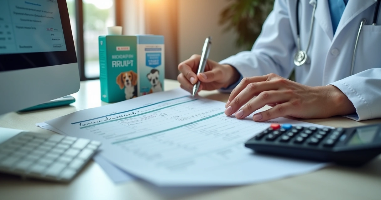 Profissional conferindo nota fiscal em clínica veterinária 