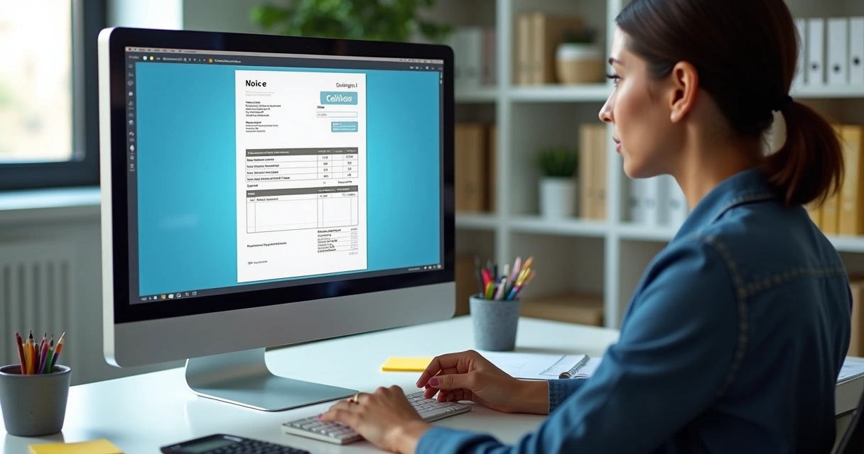 Profissional de contabilidade revisando uma nota fiscal digital no computador 