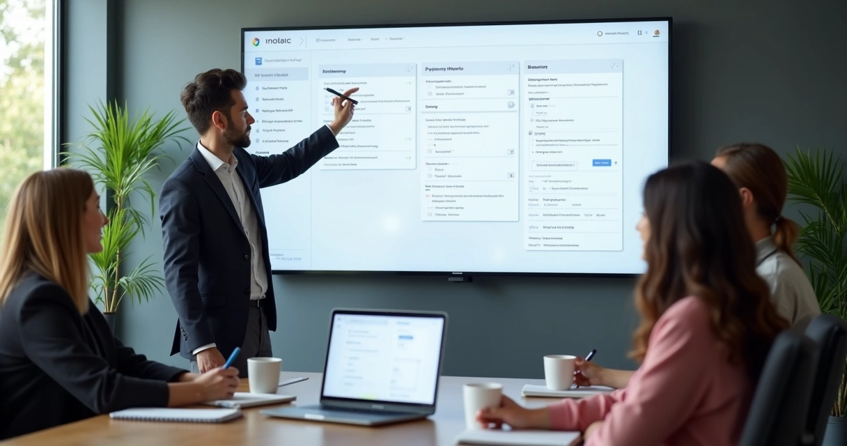 Consultor apresentando sistema Notion simplificado 