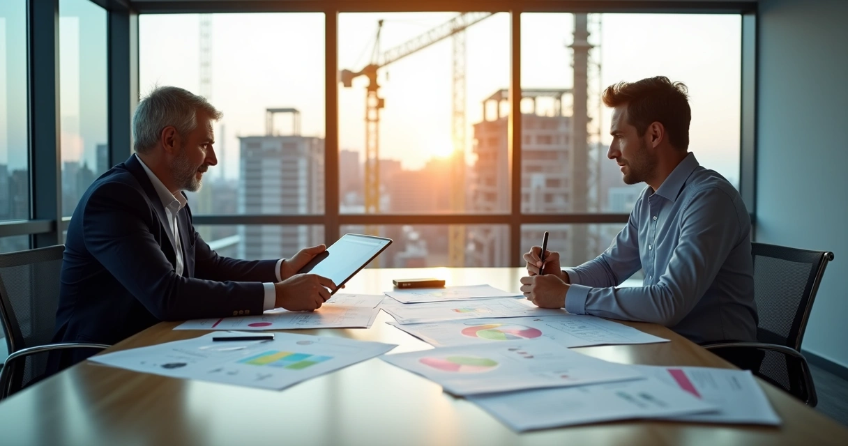 Engenheiros revisando planilha de custos impressa em reunião 