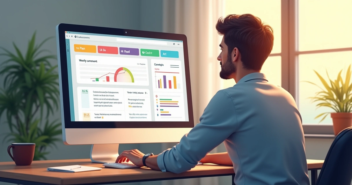 Colaborador fazendo check-in semanal com campos do PDCA na tela 